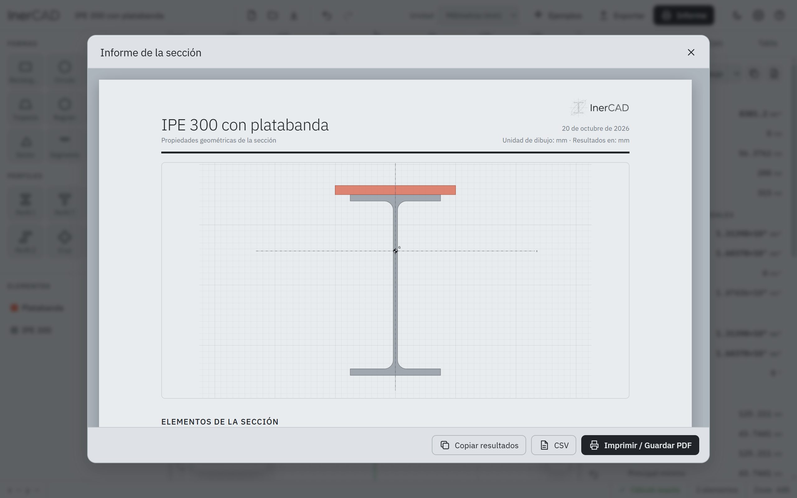 Informe de la sección con el dibujo, la tabla de elementos y los resultados.